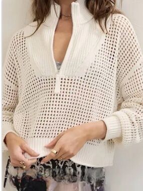 aerie Cream Open-Knit Half-Zip Sweater-M